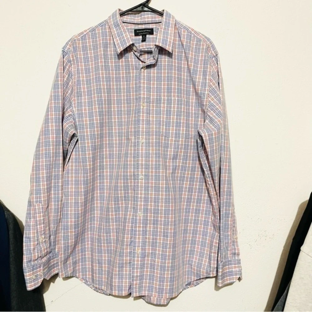 Banana Republic Non-Iron Tailored Slim Plaid Button Down Shirt XL Blue/Orange